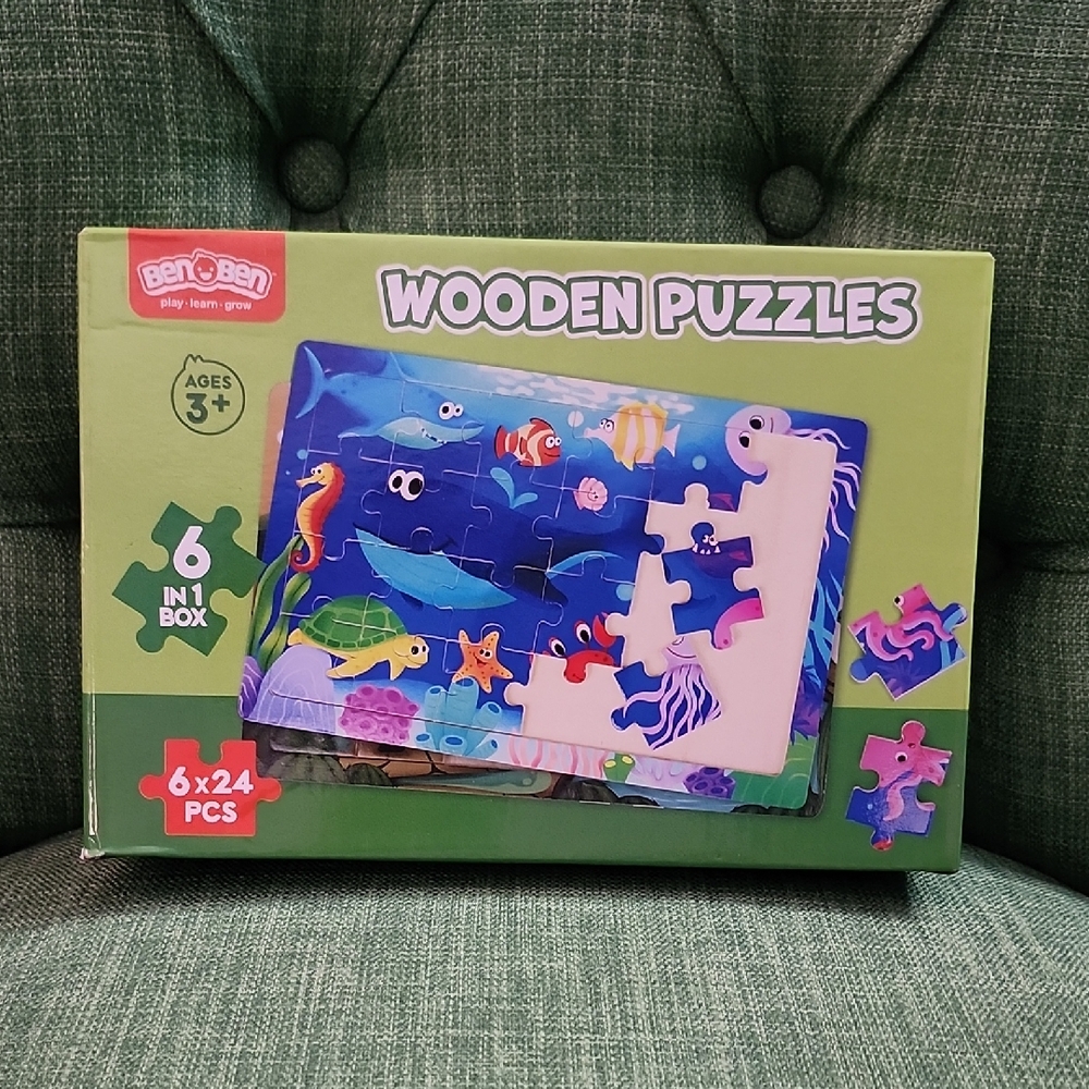 Wooden Puzzles for Kids - 6 in 1 Box - Green and Blue